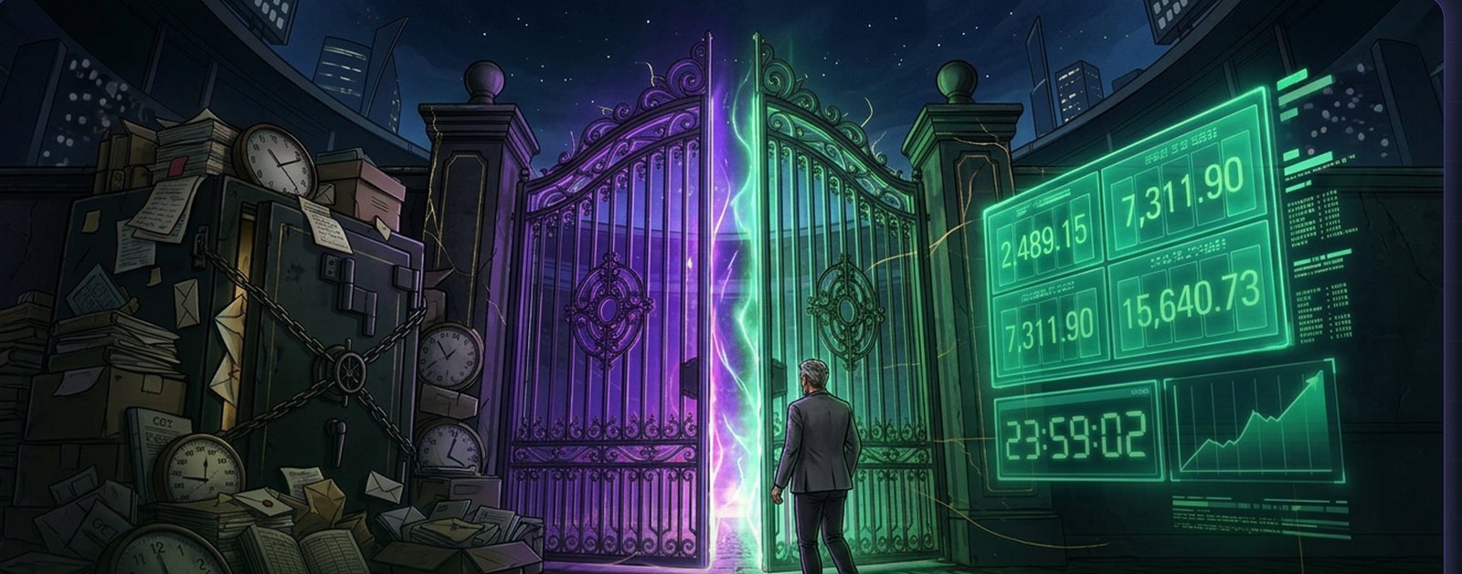 A gate splitting two worlds: on the left, a chained vault of carrier paperwork and broken clocks; on the right, an illuminated Dynasty scoreboard. A confident small-business owner steps through the open gate from the carrier black box into the lit scoreboard world.